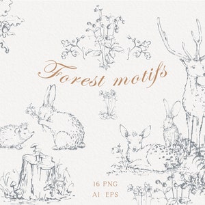 Waldtiere und Pflanzen Clipart, Familienthema, Osterhase, Handgezeichnete botanische Motive, Hirsch, Kaninchen Clipart, Igel, EPS, Vektor