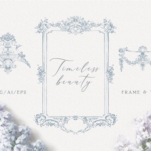 Clipart cadre baroque fine ligne, mariage beaux-arts, art dessiné à la main, clipart vectoriel EPS, téléchargement immédiat