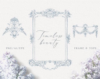 Baroque fine line frame clipart, Fine art wedding , Hand-drawn art, EPS vector clipart, Instant download