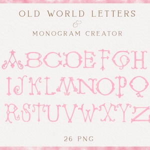 Letras pintadas a mano en color rosa, alfabeto de monogramas, creador de monogramas, letras PNG, descarga instantánea