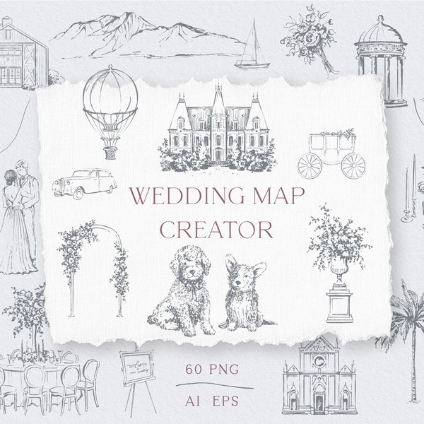 Wedding map creator, Wedding day items, Line art icon logo, Vector wedding venue, AI_EPS, Bride&groom clipart, Instant download