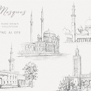 Moskee handgetekende illustratie, trouwlocatie vector clipart, islamitische architectuur, EPS-kunst, schets moskee, Instant download
