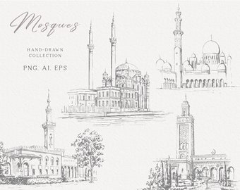 Mosque illustration, wedding venue vector clipart, Islamic architecture, AI, EPS art, Mosque sketch, Instant download