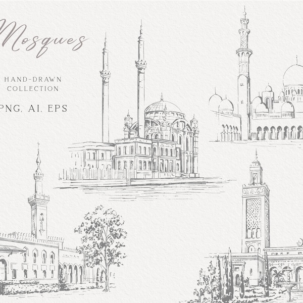 Illustration de la mosquée, clipart vectoriel pour le lieu du mariage, architecture islamique, IA, art EPS, croquis de la mosquée, téléchargement immédiat