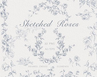Roses line art, Floral frame, Sketched roses, Wedding invitation art, Fine line design, Floral border, rose branch, PNG, Vector, hand drawn