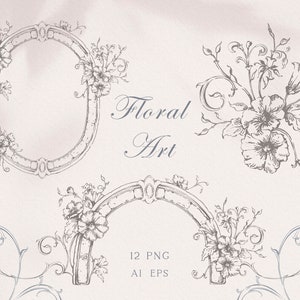 Florales handgezeichnetes Hochzeitskamm, Vektorfeinlinie Kunstrahmen, Einladung im alten Stil der alten Welt, Hochzeit Briefpapier Kunst, PNG, EPS, Sofort Download
