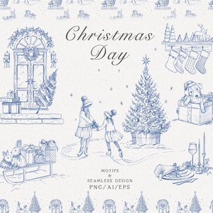 Kerst blauwe clipart, handgetekende nieuwjaar, kerstkinderen, nieuwjaarsboom, kerst Toile-patroon, PNG, EPS-vector, Instant download