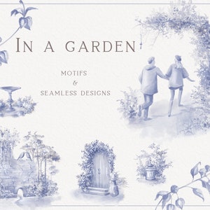 Motivos de Toile de Jouy dibujados a mano, clipart de jardín, Pascua de primavera, diseño de superficie de tela azul sin costuras, descarga instantánea, archivos PNG y TIFF