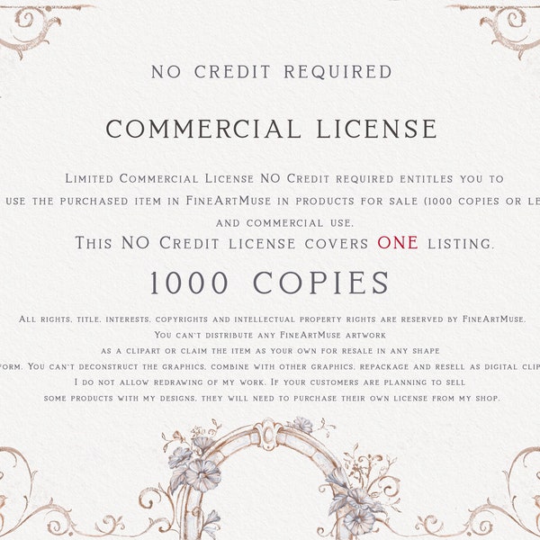 Limited Commercial License NO Credit required for ONE Etsy listing