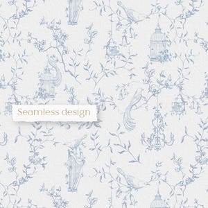 Diseño de superficie sin costuras dibujado a mano, moda con temática de jardín, pájaros y flores, patrón de toile textil, impresión digital de tela, descarga instantánea