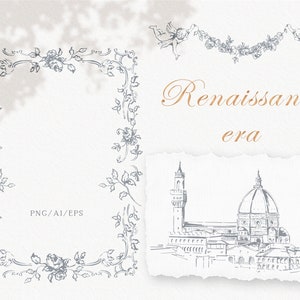 Imágenes prediseñadas de líneas finas renacentistas, lugar de celebración dibujado a mano en Italia, escudo y marco de boda de bellas artes, EPS, imágenes prediseñadas vectoriales, descarga instantánea