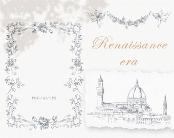 Renaissance fine line clipart, Cherub Italy venue, Fine art wedding crest and frame, AI EPS vector clipart, Instant download