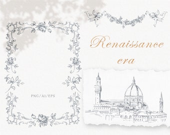 Renaissance fine line clipart, Cherub Italy hand-drawn venue, Fine art wedding crest and frame, EPS, vector clipart, Instant download