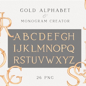Gouden handgeschilderde letters clipart, monogram alfabet, bruiloft monogram, maker monogram, png-letters, instant download