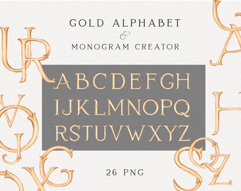 Gold hand-painted letters clipart, Monogram alphabet, Wedding monogram, Monogram creator, PNG letters, Instant download