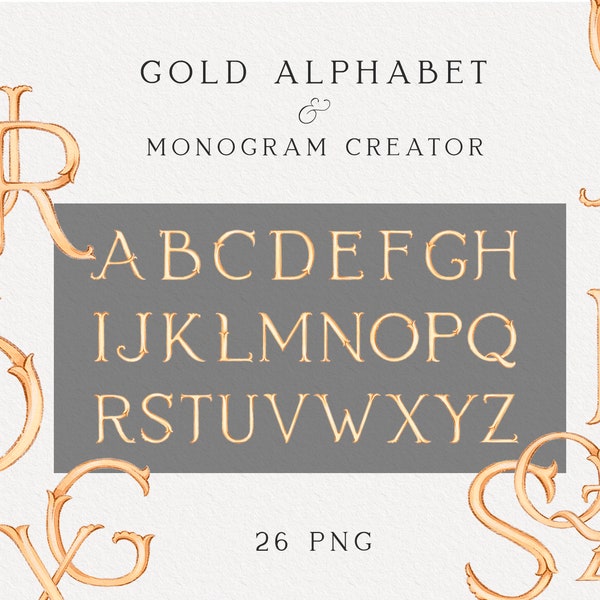 Imágenes prediseñadas de letras pintadas a mano en oro, alfabeto monograma, monograma de boda, creador de monogramas, letras PNG, descarga instantánea