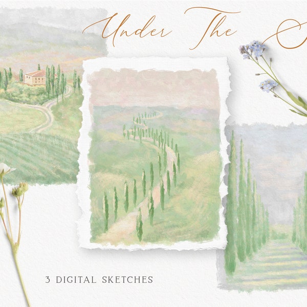Italiaans landschap, Envelop liner art, Toscaanse natuur, Cyprus boom, Digitaal schilderen, Italiaanse villa, Instant download