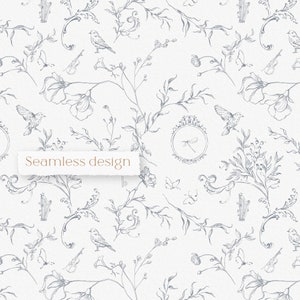 Design senza soluzione di continuità, tema moda giardino floreale, uccelli disegnati a mano, fiori di prato, motivo toile tessile, tessuto, download immediato