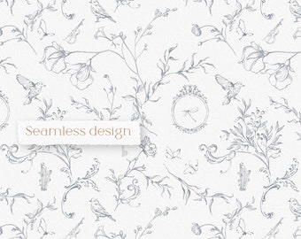 Surface seamless design, Floral garden theme fashion, Hand-drawn Birds_Meadow Flowers, Textile toile pattern, Fabric, Instant download