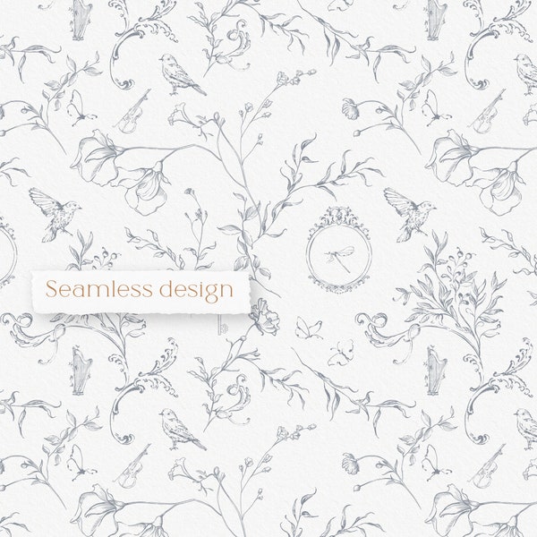 Surface seamless design, Floral garden theme fashion, Birds_Meadow Flowers, Textile toile pattern, Fabric digital print, Instant download