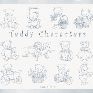 Personnages d'ours en peluche dessinés à la main, clipart enfants vintage, illustrations thème Teddy, joli dessin au trait fin, PNG, EPS, téléchargement immédiat