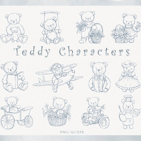 Teddy bear characters, Vintage kids clipart, Teddy theme illustrations, Cute fine line art, PNG, AI art, EPS, Instant download