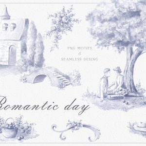 Handgetekende toile de jouy-motieven, romantische date, paaslente, stoffenprint, blauwe naadloze stofontwerp, instant download, png-, tiff-bestanden