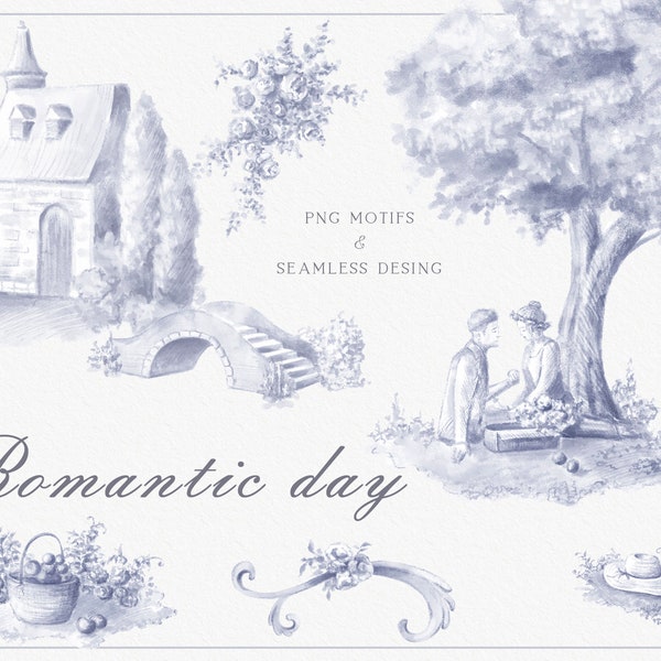 Toile de Jouy motifs, romantic date in a garden, Easter spring, Fabric print, Blue Seamless fabric design, Instant download, PNG, TIFF files