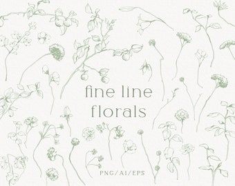 Hand drawn flowers, Botanical line art, floral sketches, Vector plants, Botanical pieces, Branches and leaves, PNG, AI_EPS, Instant download