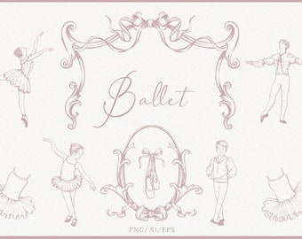 Baby Ballet pink clipart, Vintage bow crest, Hand-drawn Ballerina_Balleron, Antique cameos, Pointe shoes, Ballet tutu, PNG, Instant download
