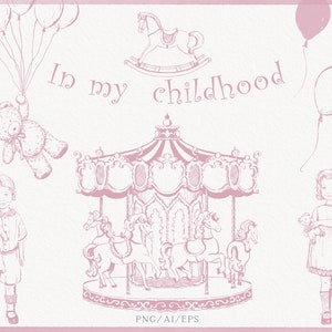 Handgetekende roze carrouselillustratie, vintage teddybeer, paard clipart, ballonnen, kinderen, babyrodeo, circus, png, instant download