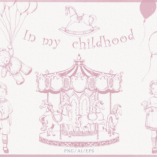 Pink Carousel illustration, Vintage Teddy Bear, Horse clipart, Balloons, Vintage Children, Baby Rodeo, Circus, PNG, AI_EPS, Instant download