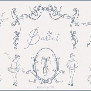 Clipart de balé para bebê, Brasão de laço vintage, Bailarina desenhada à mão, Camafeus antigos, Sapatilhas de ponta, Tutu de balé, PNG, EPS, Download instantâneo