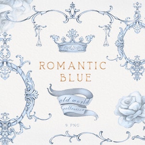 Clipart de boda barroca azul dibujado a mano, boda de bellas artes, escudo y marco de invitación, descarga instantánea