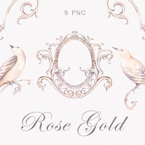 Baroque rose gold wedding clipart, Ornate wedding crest, Fine art wedding, Bird clipart, Instant download