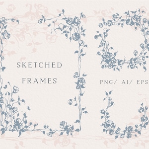 Bloemen fijne lijn frame clipart, Fine Art bruiloft, botanische handgeschilderde inkt clipart, EPS-vector clipart, Instant download