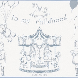Illustration de carrousel dessinée à la main, ours en peluche vintage, cheval, ballons, enfants vintage, rodéo de bébé, cirque, PNG, EPS, téléchargement immédiat