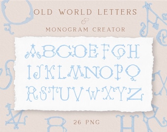 Blue hand-painted letters clipart, Monogram alphabet, Wedding monogram, Monogram creator, PNG letters, Instant download