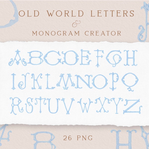 Blue hand-painted letters clipart, Monogram alphabet, Wedding monogram, Monogram creator, PNG letters, Instant download