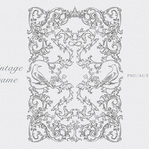 Fine Line art , Vintage Ornate frame clipart, Vector frame, Baroque style, Wedding Invitation, PNG, EPS, Instant download, hand-drawn