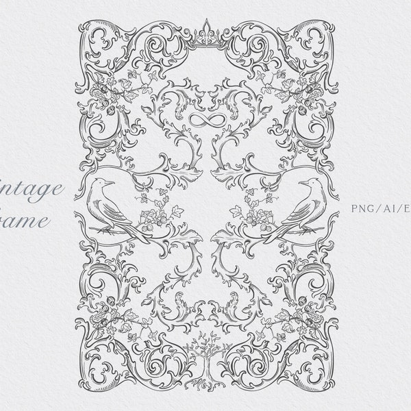 Fine Line art , Vintage Ornate frame clipart, Vector frame, Baroque style, Wedding Invitation, PNG, EPS, AI, Instant download