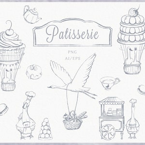 Patisserie handgetekende merk clipart, illustratie snoepwinkel, illustratie schattige gans, bakkerijkunst, naadloos ontwerp, png, vector, lentekunst