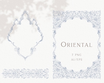 Oriental design fine line clipart, Wedding invitation oriental crest, Elegant hand-drawn wedding frame, EPS, vector, Instant download
