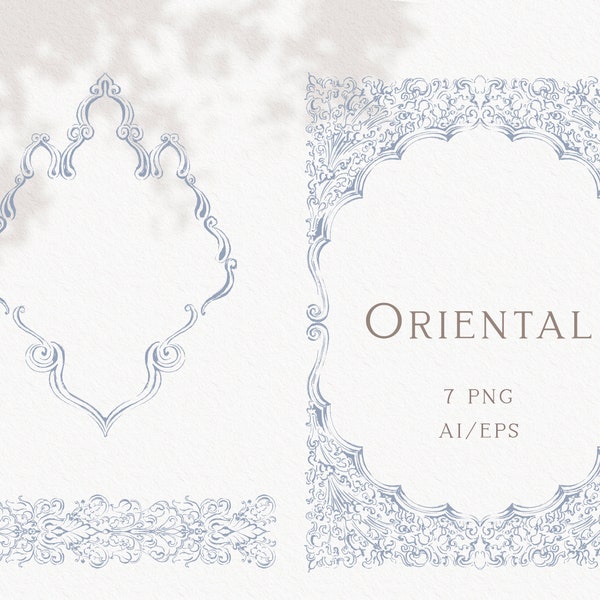 Oriental design fine line clipart, Wedding invitation oriental crest, Elegant AI wedding frame, EPS vector, Instant download