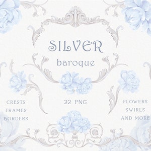 Barocke Silberhochzeit Clipart, Blaue Pfingstrosen, Fine Art Hochzeit, Rahmen, Kamm, Bordüre, sofort download