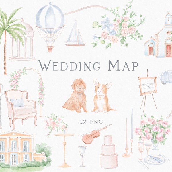 Watercolor wedding map creator, Wedding planner and stationery art, wedding icons, Wedding day items and venues,  Instant download