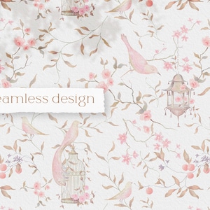 Handgezeichnete Chinoiserie Seamless Design, Garten Mode, Vögel_Blumen, Textil Toile, Stoff Digitaldruck, zum sofortigen Download