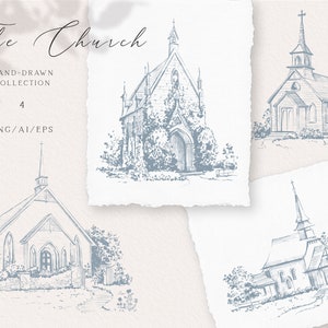 Bocetos de iglesia de boda dibujados a mano, imágenes prediseñadas de iglesia de línea fina, imágenes prediseñadas de iglesia de bautismo, imágenes prediseñadas de capilla pintadas a mano con tinta, vector EPS, descarga instantánea