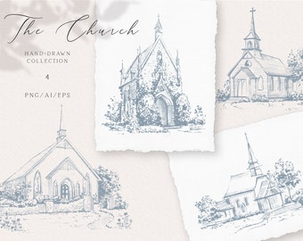 Hand-drawn Wedding Church Sketches, fine line church clipart, baptism church, Chapel hand-painted ink clipart, EPS vector, Instant download