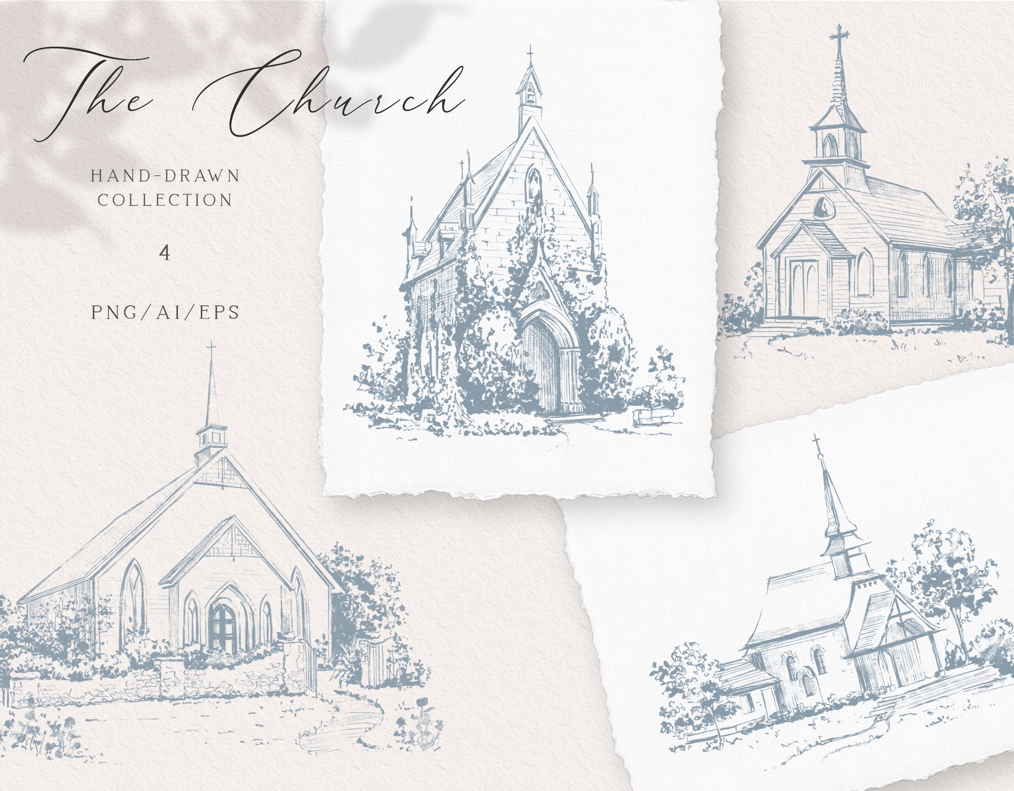Hand-drawn Wedding Church Sketches, fine line church clipart, baptism church, Chapel hand-painted ink clipart, EPS vector, Instant download